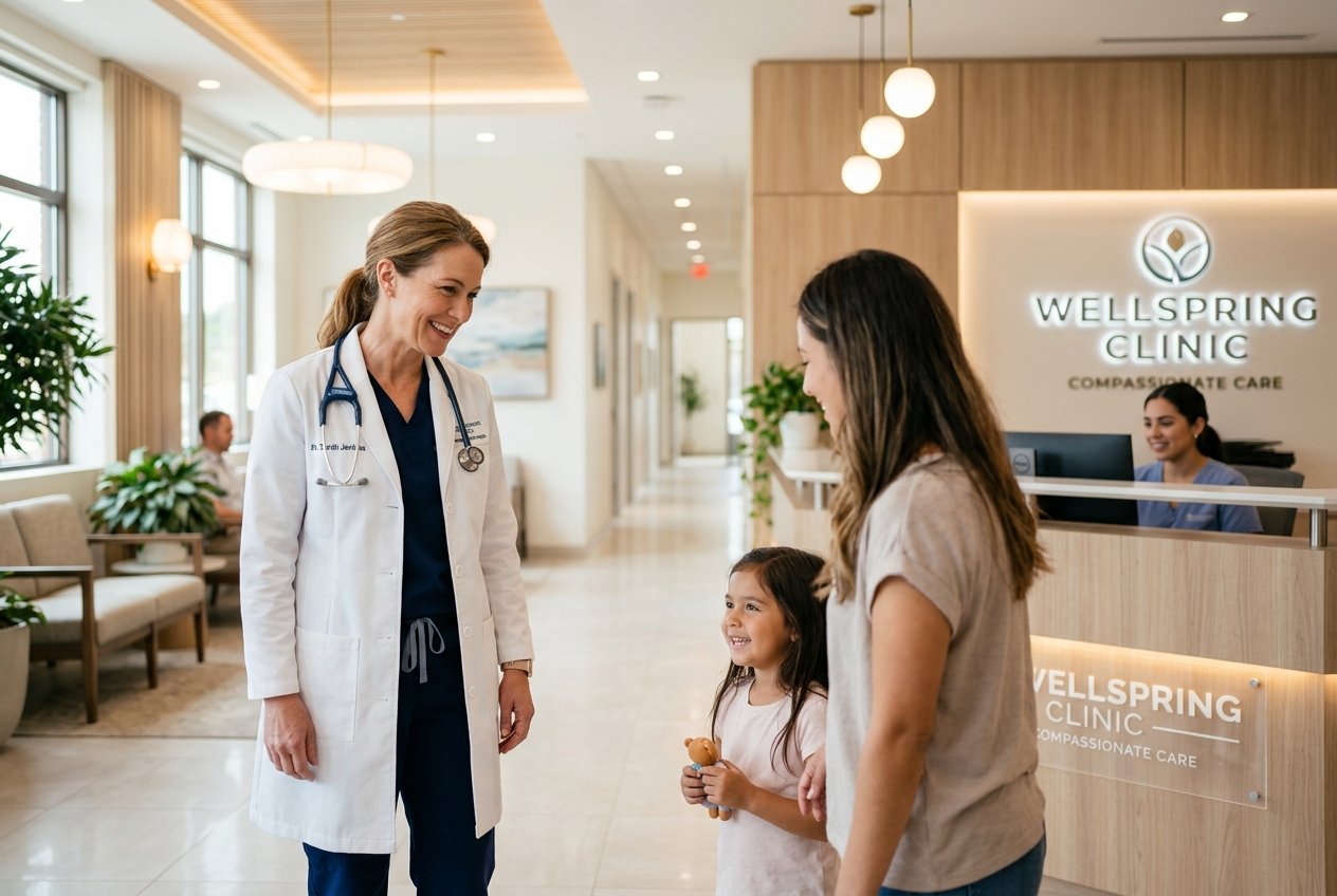Doctor in modern clinic with patient family representing compassionate healthcare